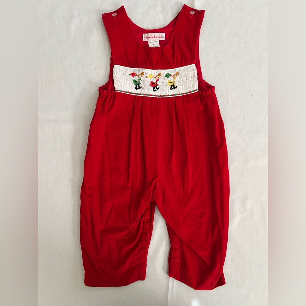 Vintage House of Hatten 2T Red Corduroy Overalls Longall with Smocked Elf Gnome